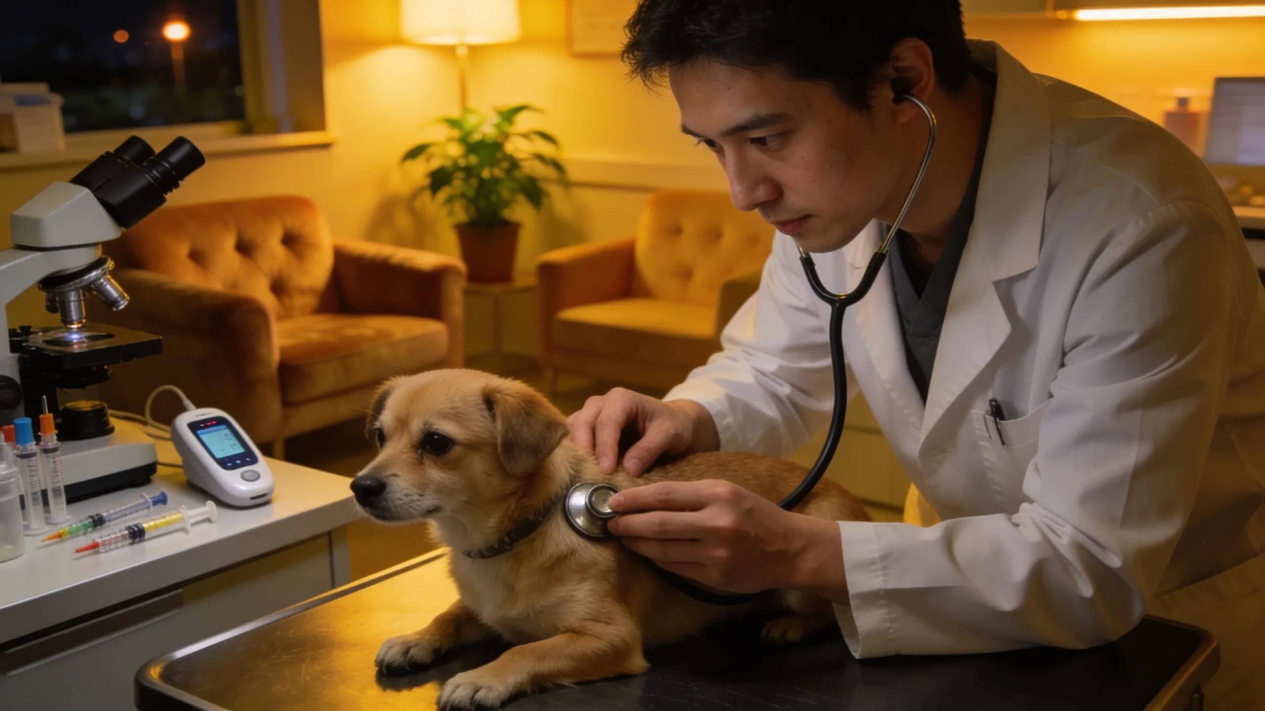 Veterinarian examining a pet in an after-hours clinic, highlighting urgent care