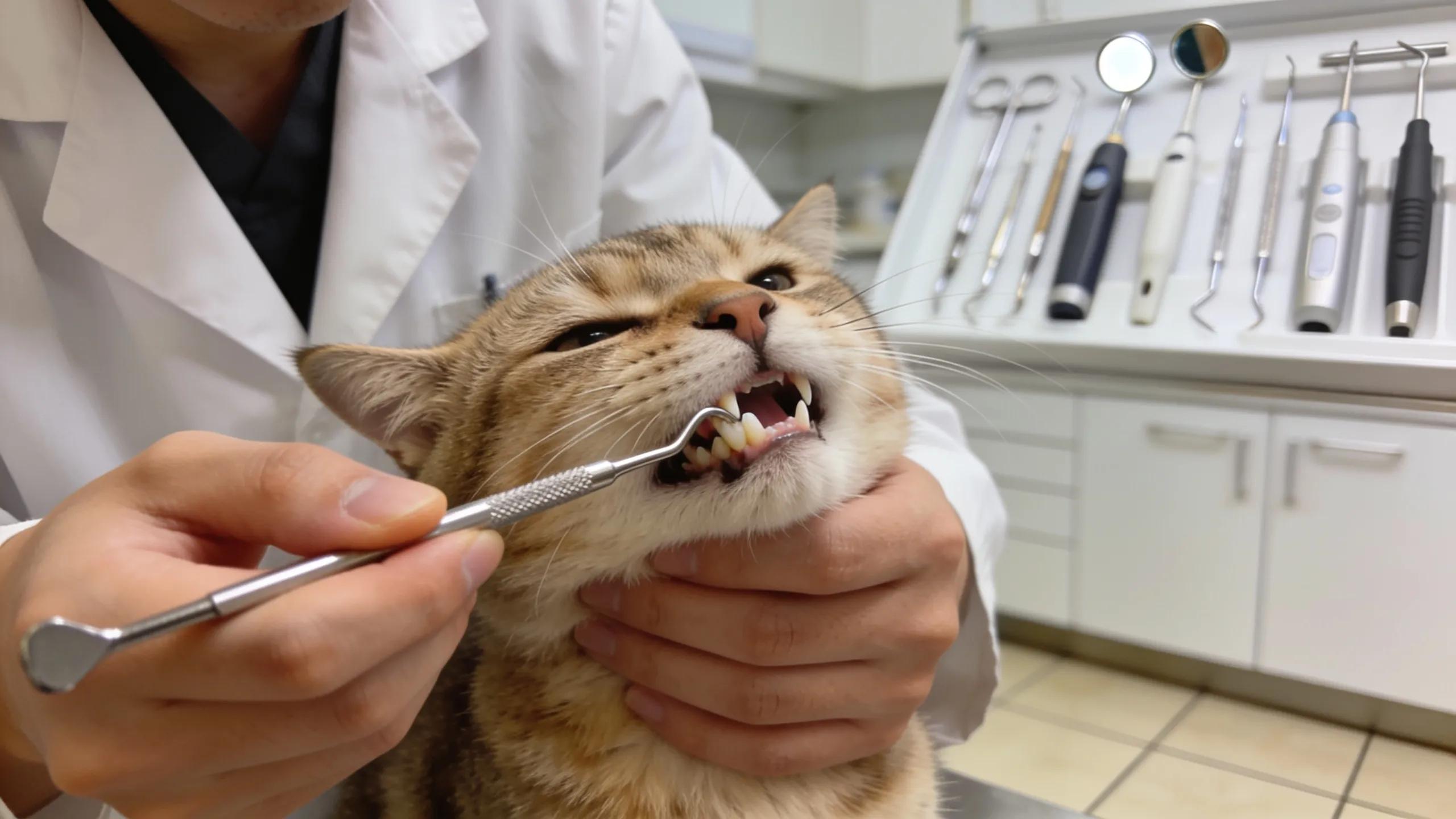 Veterinarian performing a dental checkup on a calm cat, emphasizing pet dental health