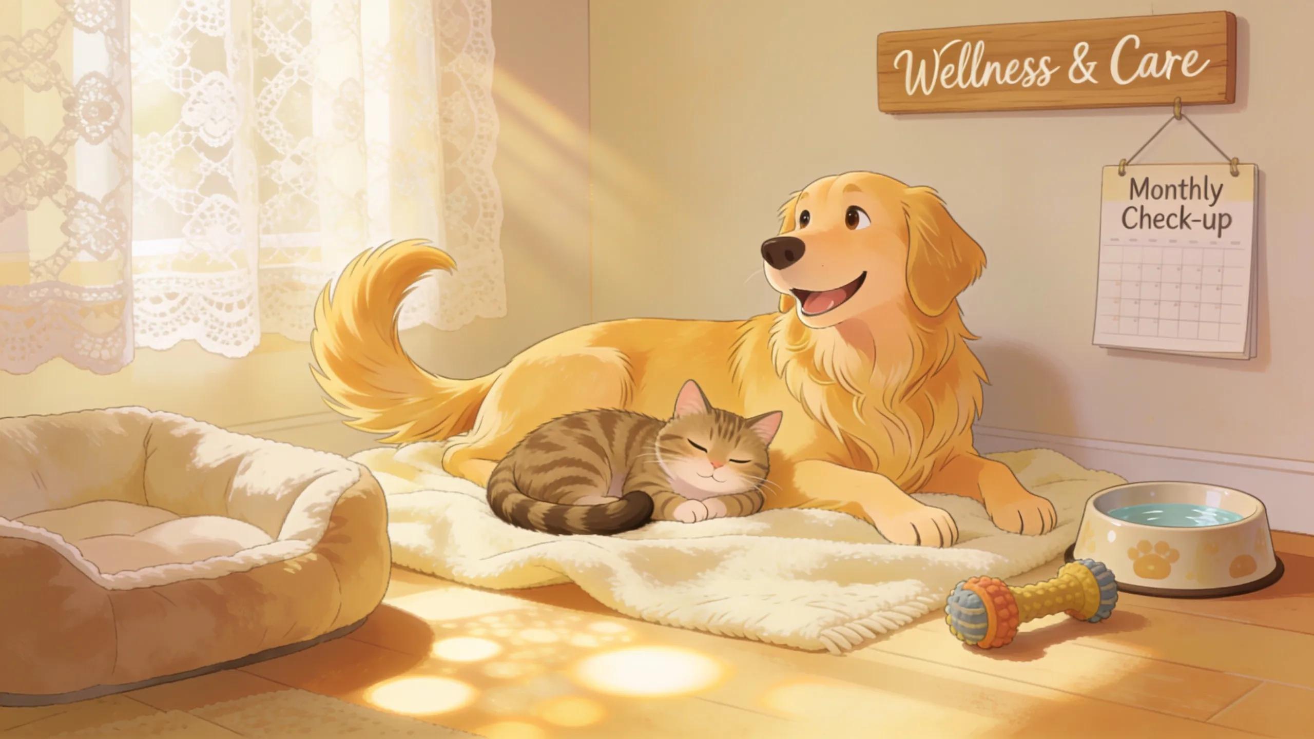 Happy dog and cat in a cozy home, representing pet wellness and preventive care