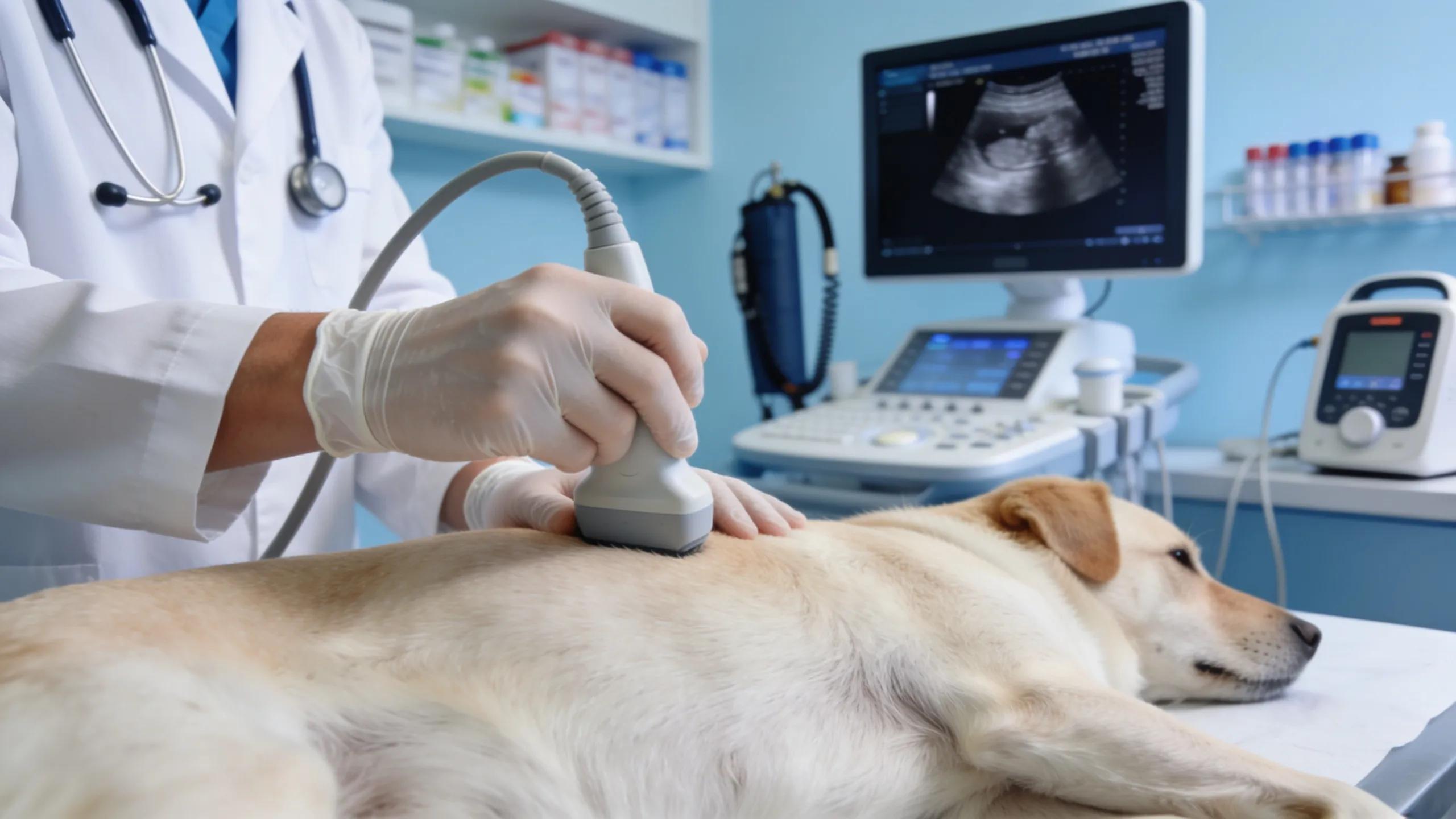 Veterinary technician performing ultrasound on a pet, showcasing emergency diagnostics