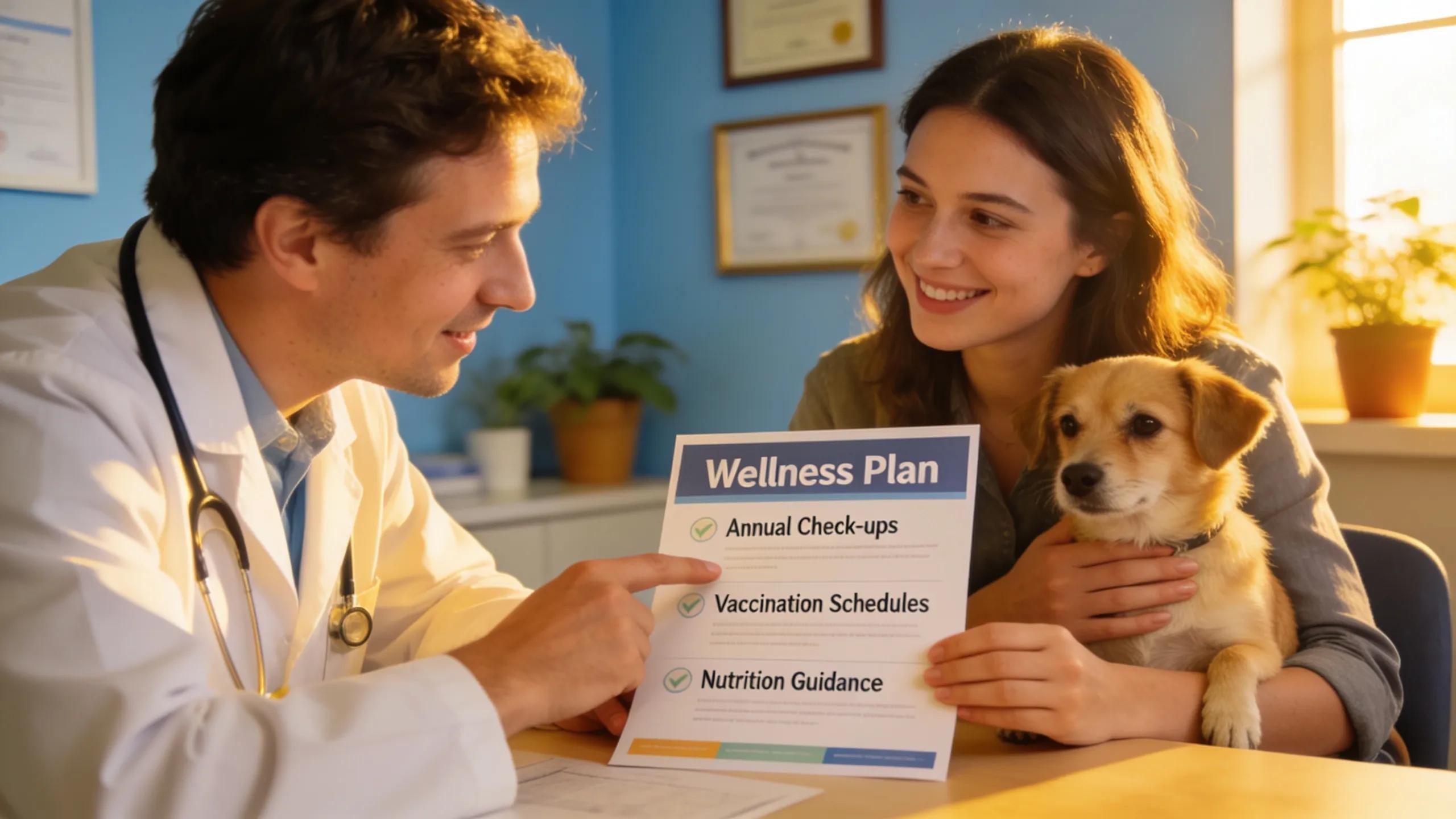 Pet owner discussing wellness plan options with a veterinarian in a cozy clinic