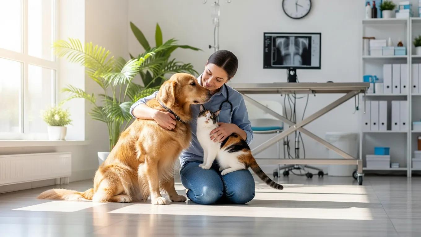 A pet owner interacting with a dog and cat in a veterinary clinic, highlighting care and support for pet health.