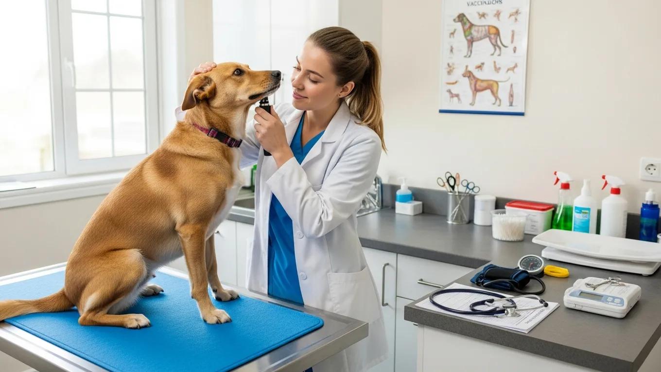 A veterinarian conducting a health check on a dog, emphasizing preventive veterinary services.