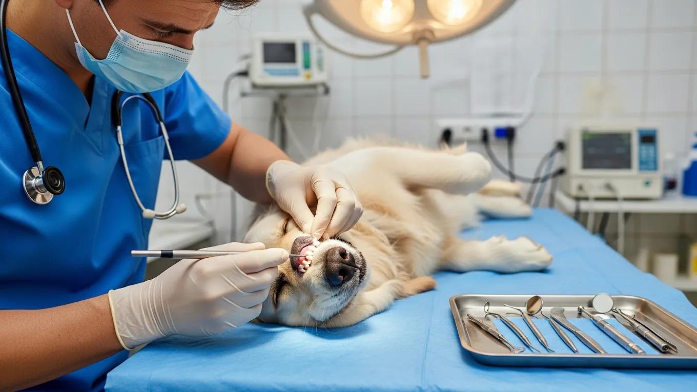 A veterinarian examining a dog's teeth during a dental cleaning, highlighting best practices for pet dental care.