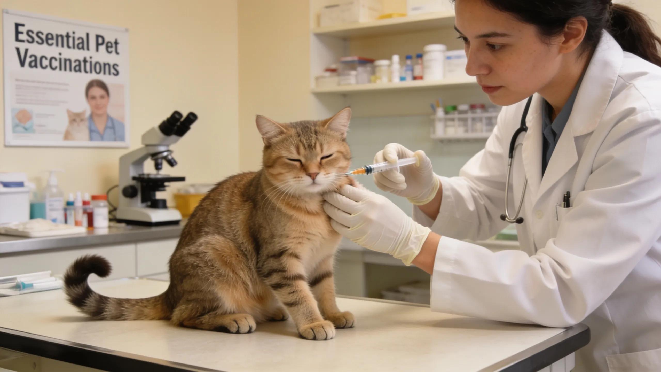 Veterinarian administering a vaccination to a calm cat in a veterinary clinic
