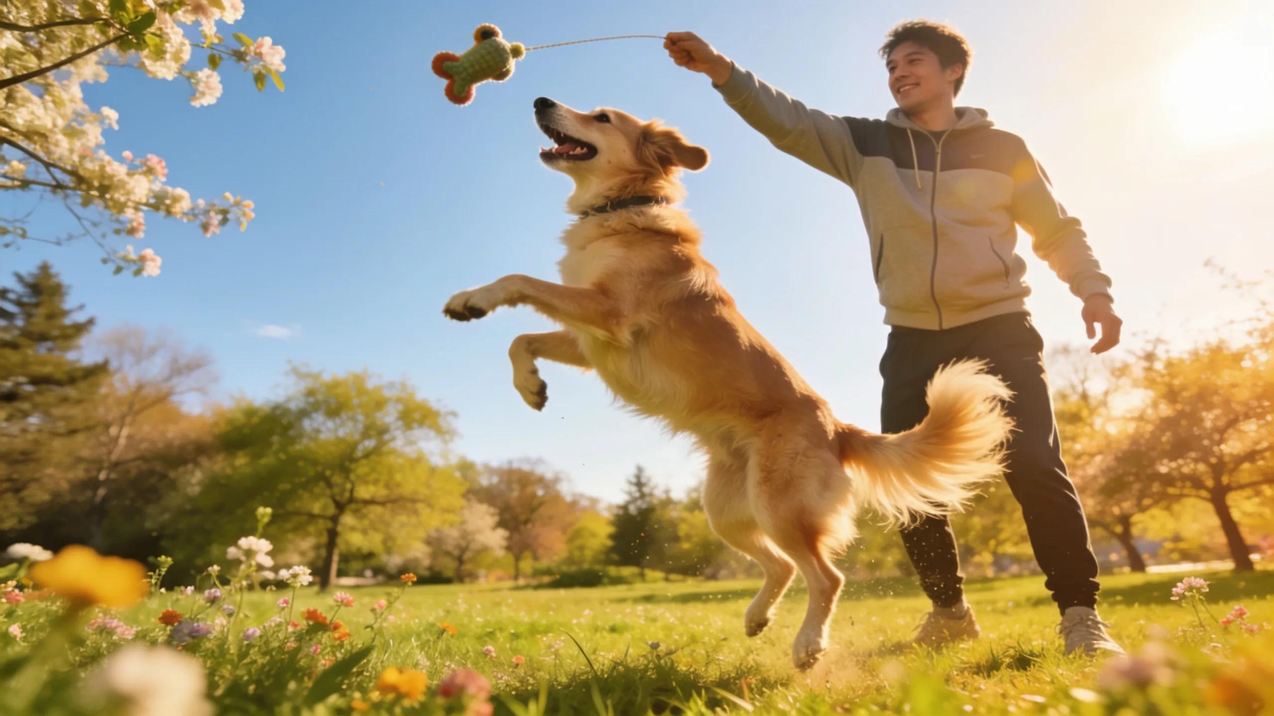 Pet owner playing with a dog in a park, emphasizing healthy lifestyle practices for pets