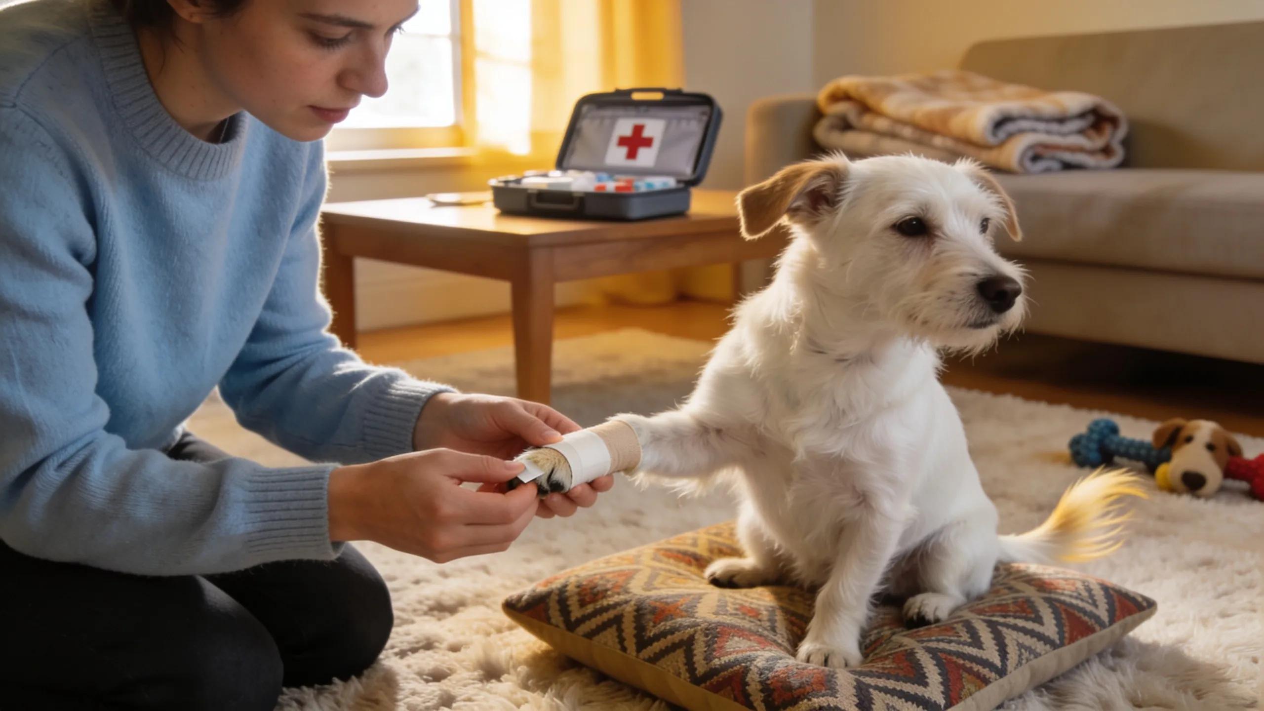 Pet owner performing first aid on a small dog, highlighting essential first aid techniques for pets