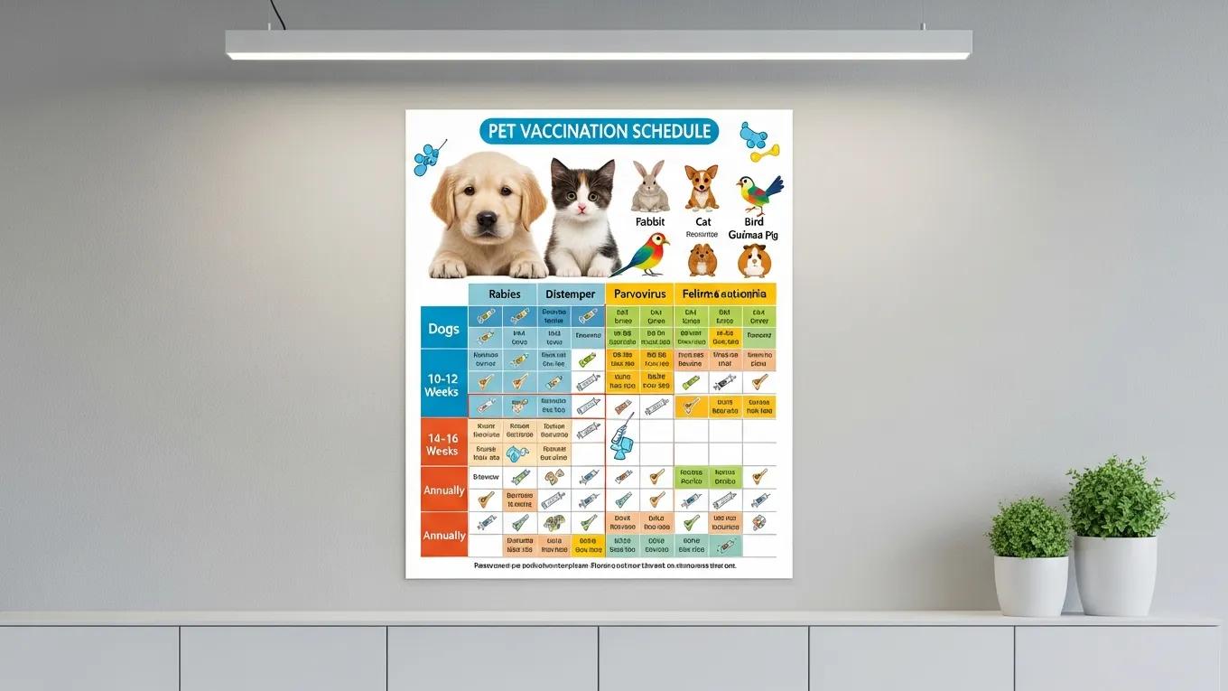 Colorful vaccination schedule chart illustrating different vaccines for pets