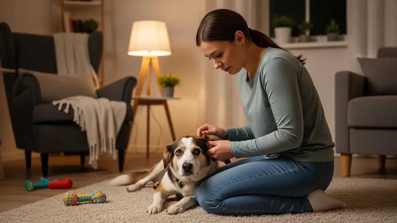 Concerned pet owner examining dog for emergency symptoms