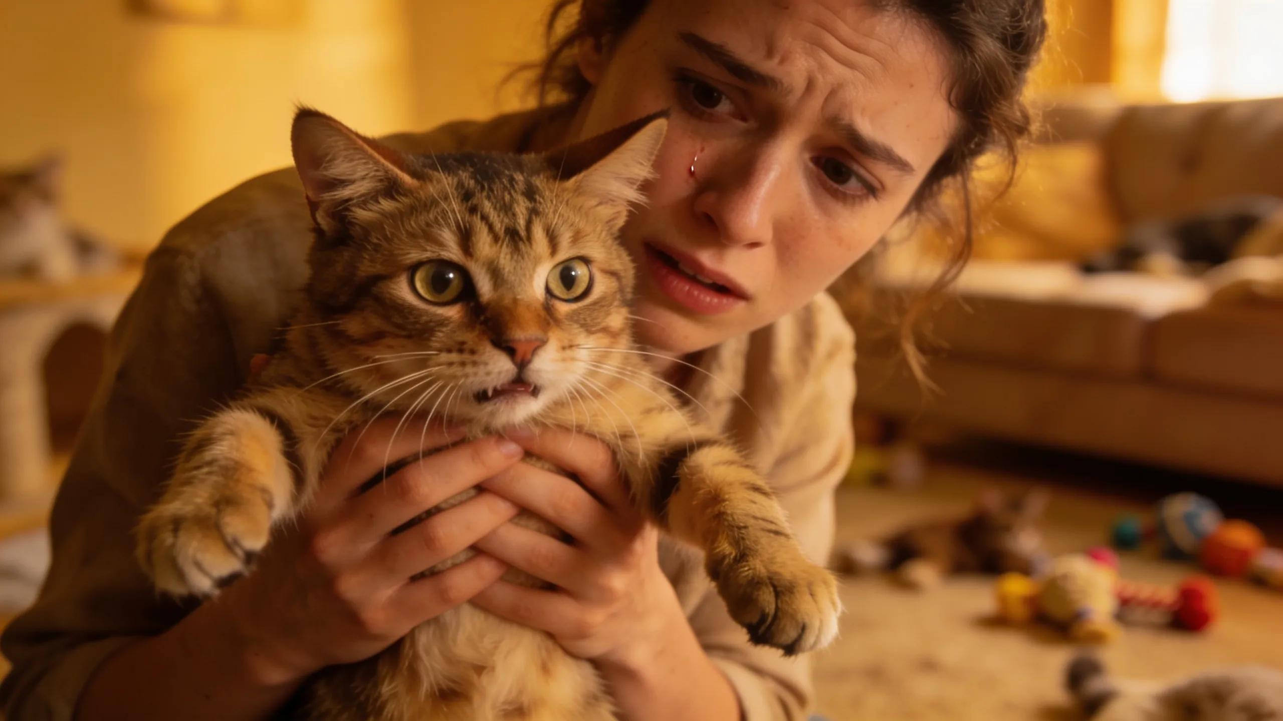 Pet owner with a distressed cat, illustrating signs of a pet emergency