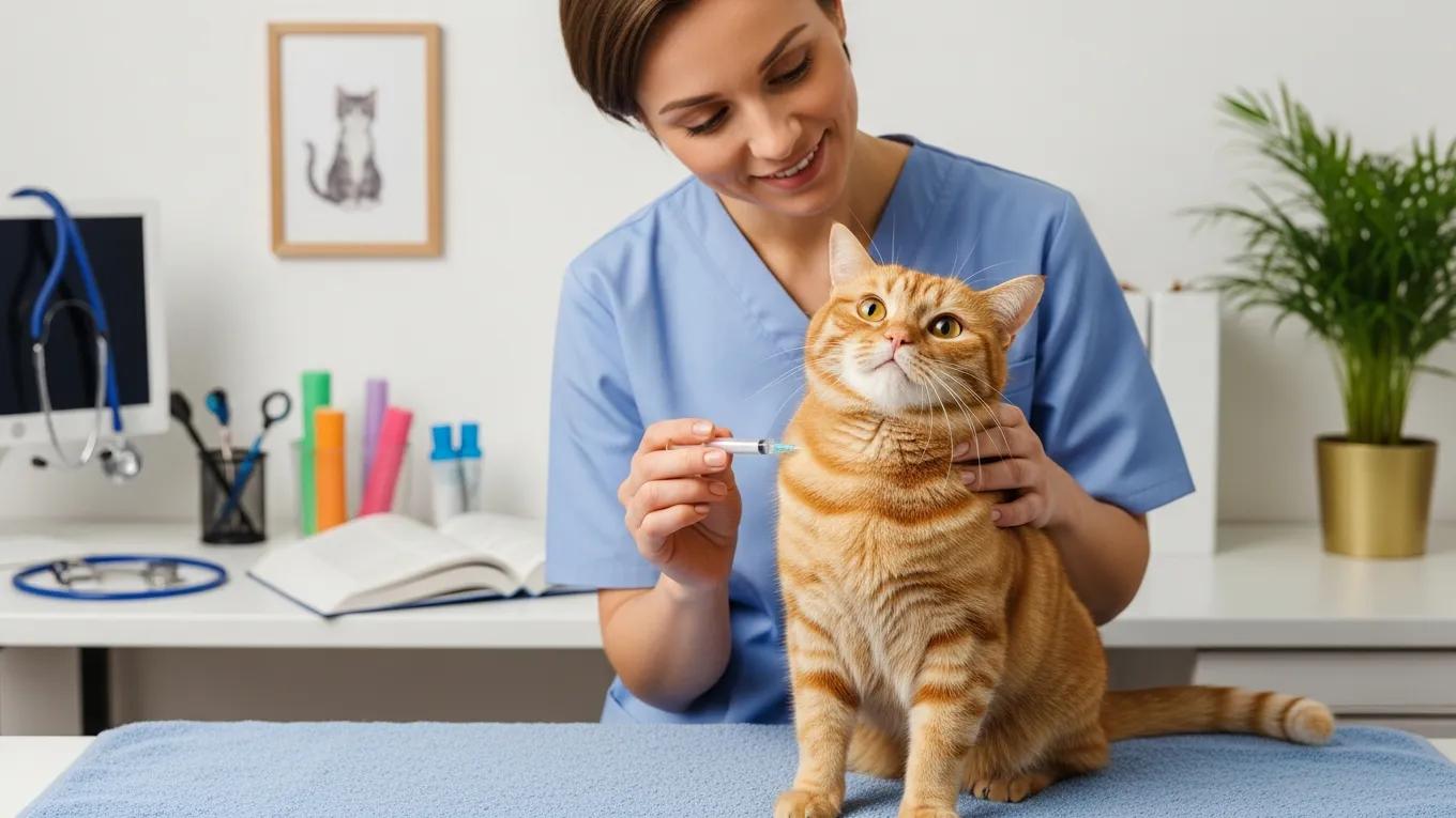 Friendly veterinarian vaccinating a cat in a welcoming clinic environment