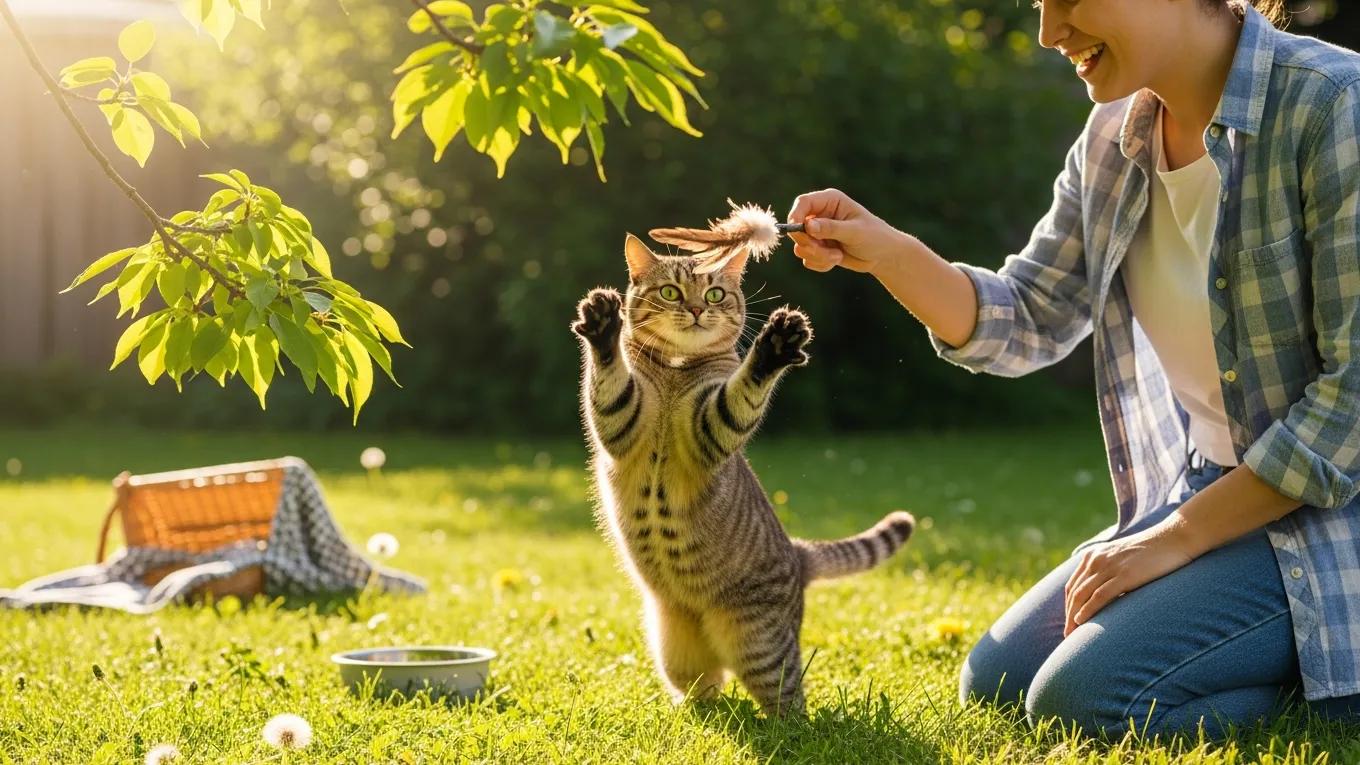 Happy cat playing with owner outside after vaccination