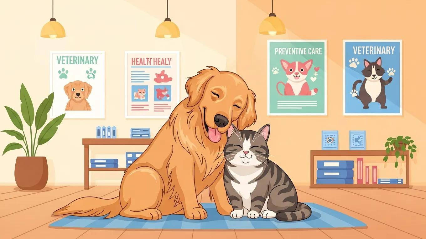 Happy dog and cat in a veterinary clinic, representing preventive care for pets