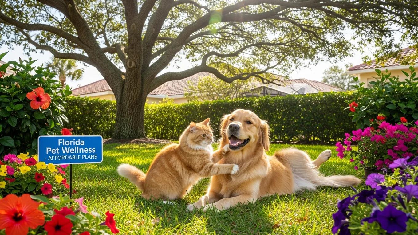Happy dog and cat playing in a sunny backyard, representing affordable pet wellness plans