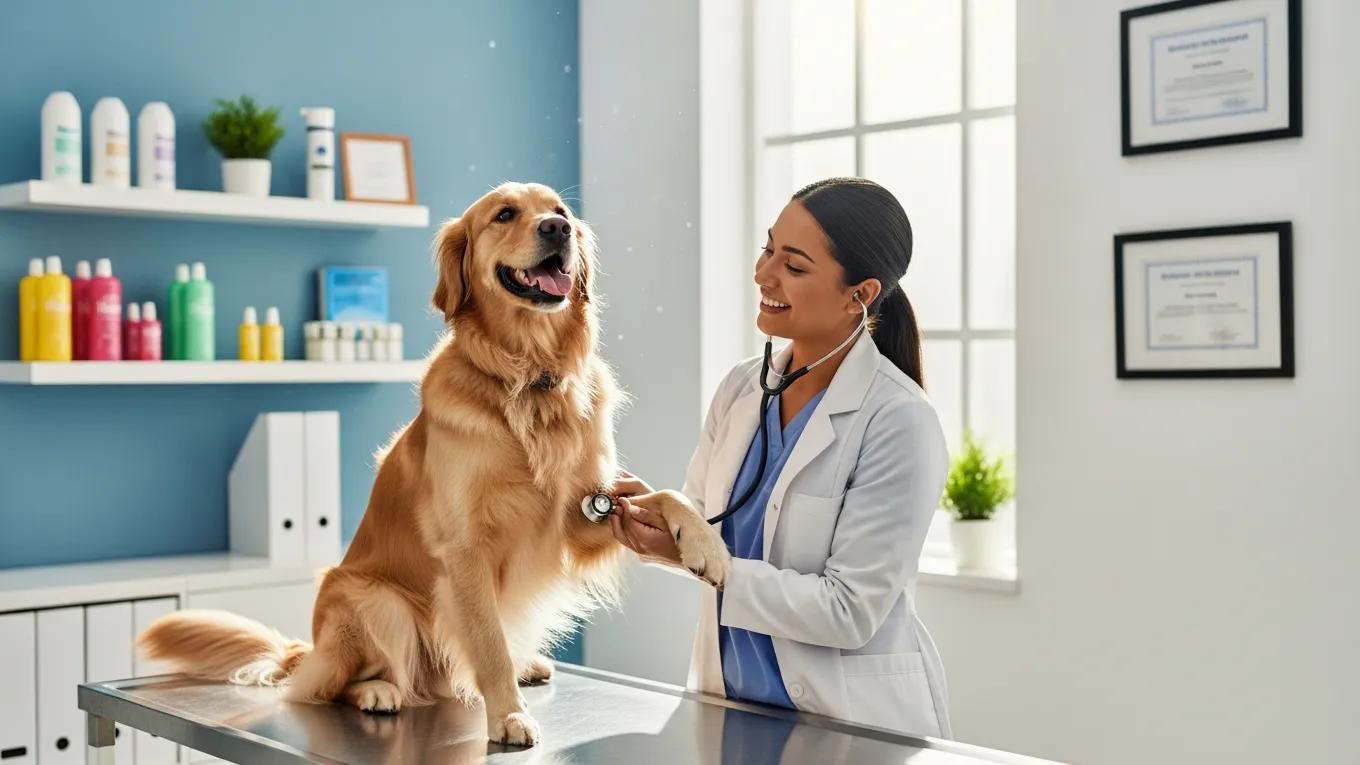 Happy dog receiving a veterinary check-up, highlighting the importance of wellness plans