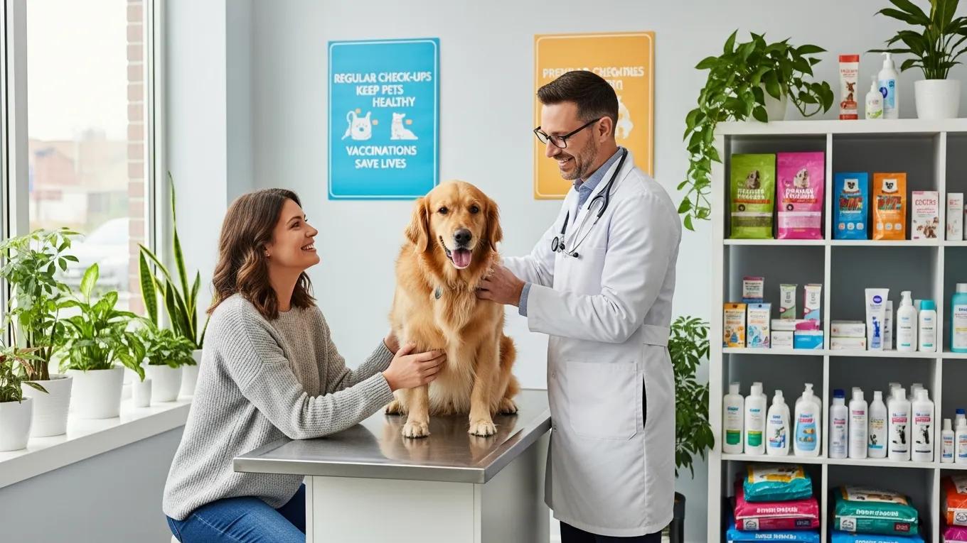 Pet owner bringing dog to veterinarian conveying preventive pet care importance
