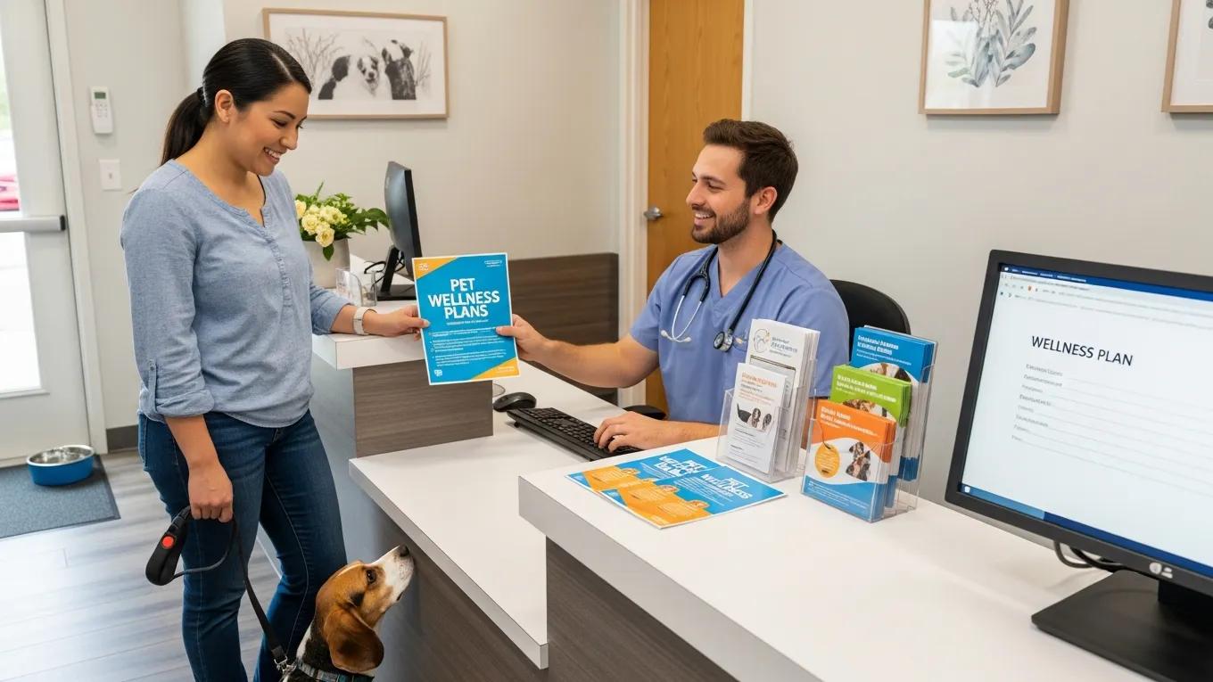 Pet owner consulting with veterinary staff about wellness plan enrollment, emphasizing the process