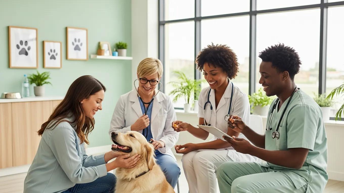 Pet owner consulting with veterinary staff in a welcoming vaccination clinic environment