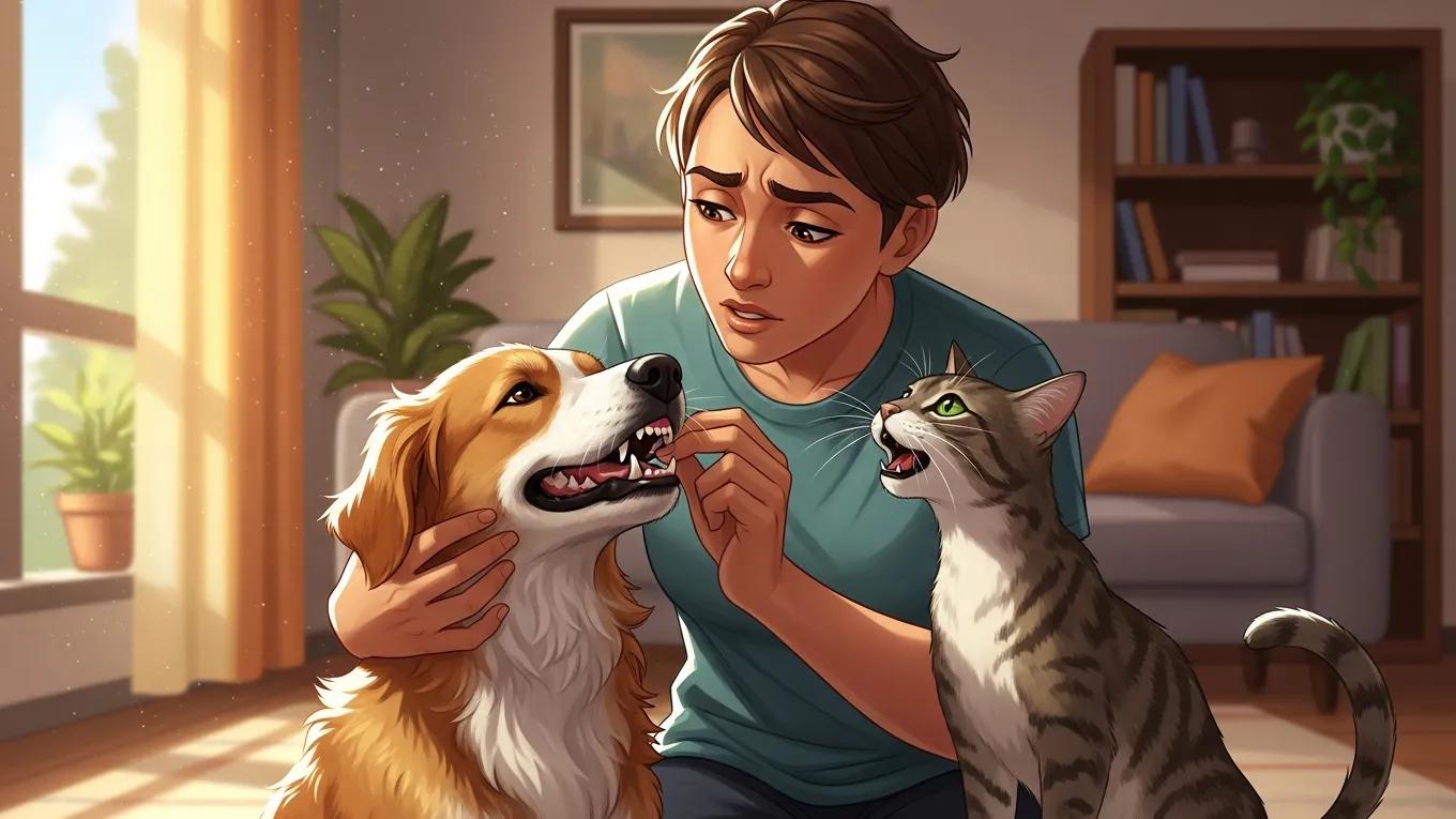 Pet owner examining dog and cat for signs of illness, focused on preventive care