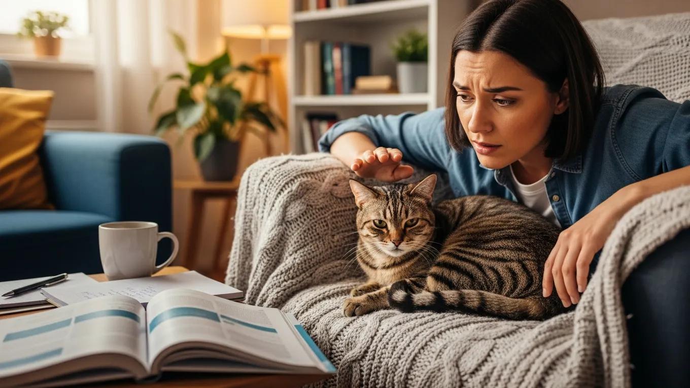 Pet owner observing a cat for signs of illness at home, focusing on early detection importance