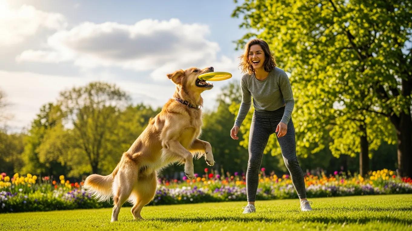 Pet owner playing with a healthy dog in a park, illustrating the benefits of wellness plans