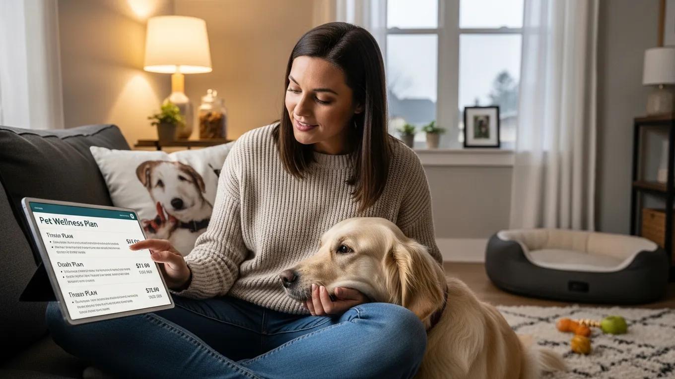 Pet owner reviewing wellness plan options on a tablet at home, emphasizing budgeting for pet care