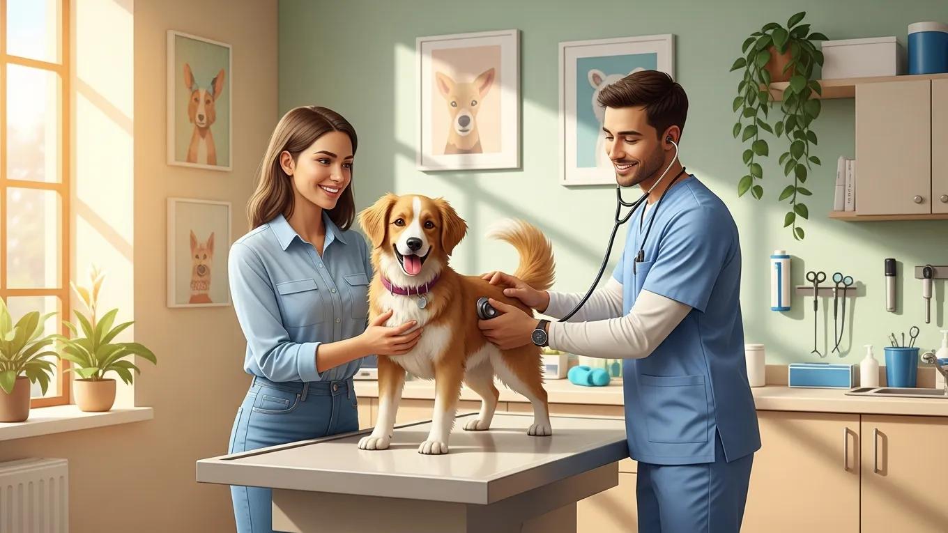 Pet owner with dog at a veterinary clinic, highlighting affordable wellness plans