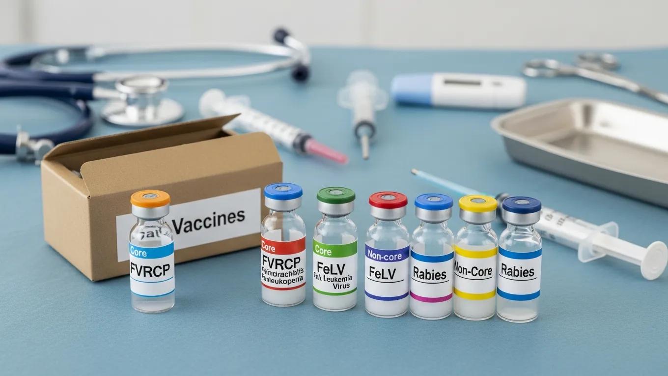 Various vaccination vials for cats displayed on a veterinary table
