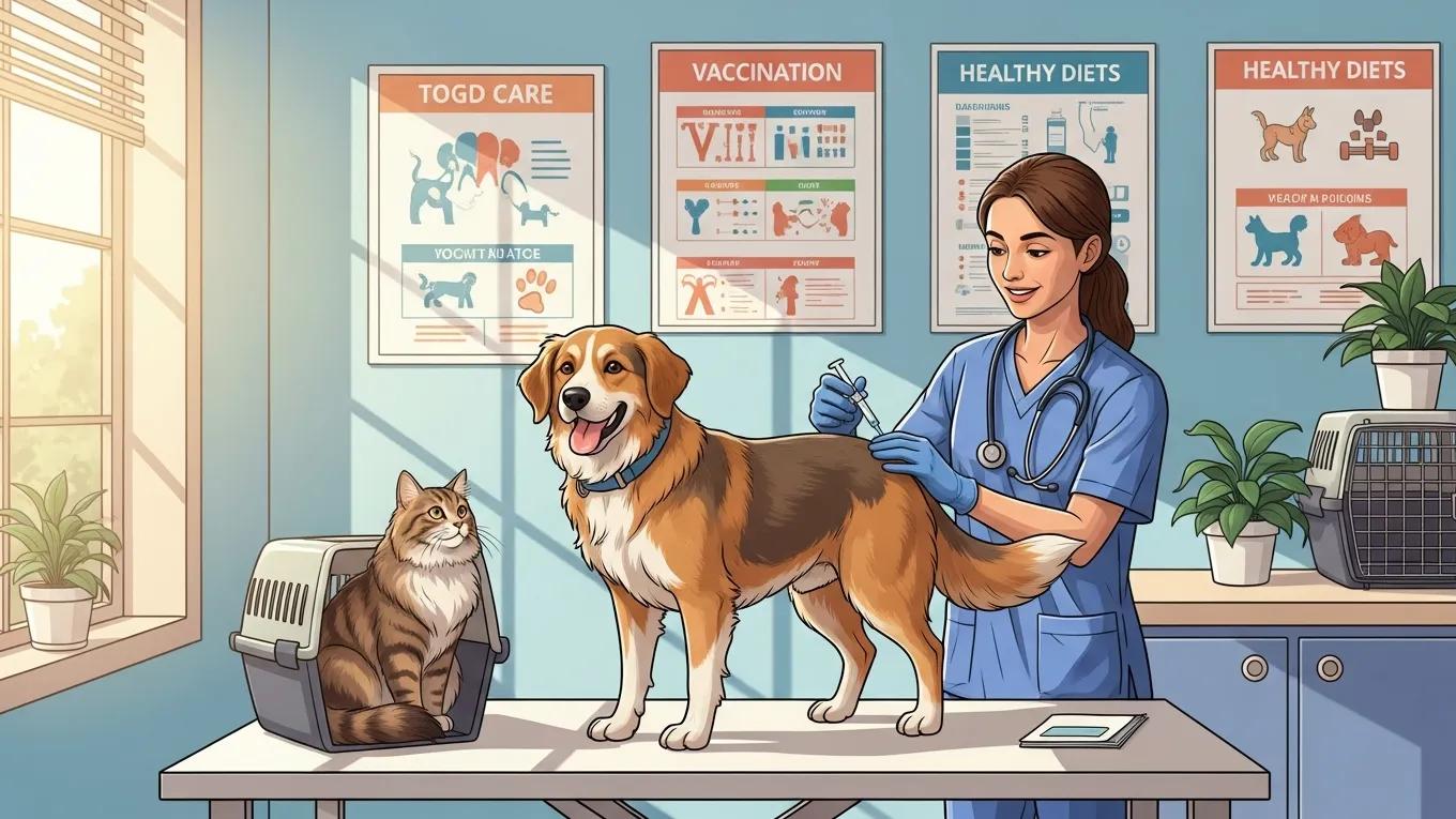 Vet administering vaccination to a dog in a clean clinic emphasizing pet health