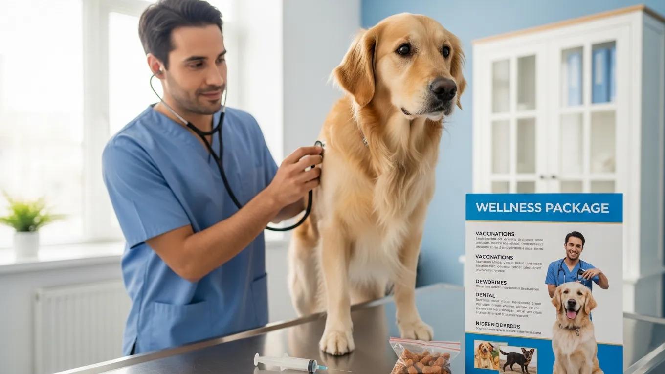 Veterinarian examining a dog, highlighting preventive care and wellness packages