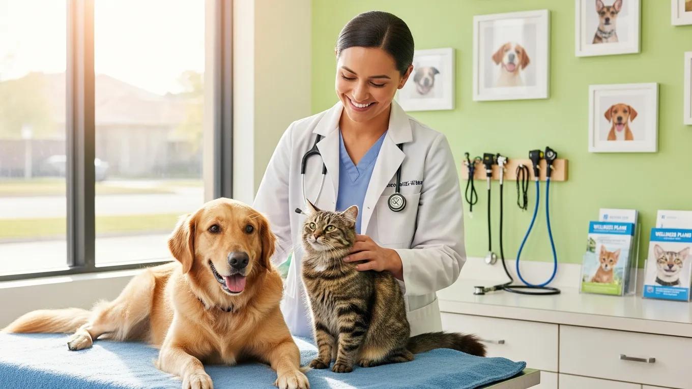 Veterinarian examining a happy dog and cat in a Florida clinic, emphasizing preventative pet care