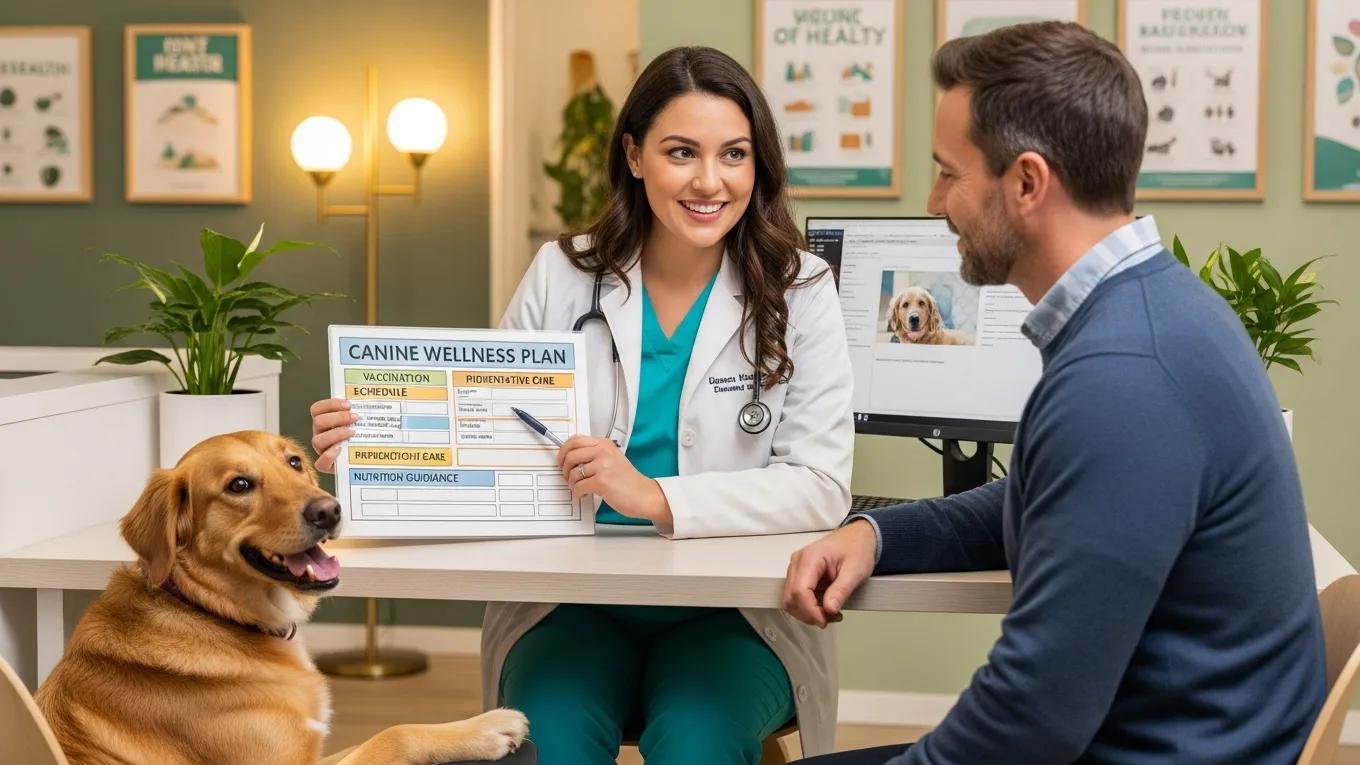 Veterinarian explaining a pet wellness plan to a pet owner, emphasizing personalized veterinary care