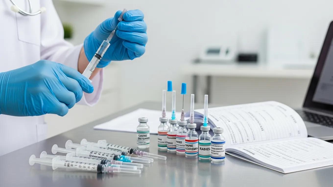 Veterinarian preparing core vaccines for pets in a clinical setting
